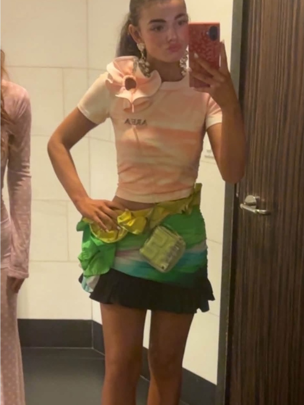 AREA Multi-Color Layered Mini Skirt with Green and Yellow Accents